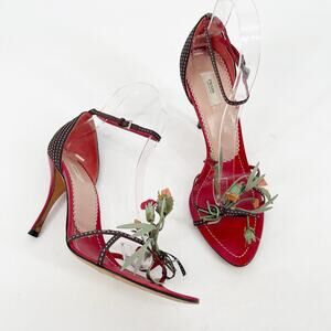 Prada Vintage Red Brown Floral Bouquet Bow Detail Ankle Strap Sandal Heel IT 38